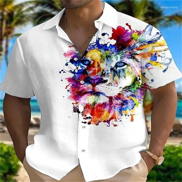 Camisas casuais masculinas 2023 camisa de manga curta multi-cor tigre 3d impresso explosão havaiana