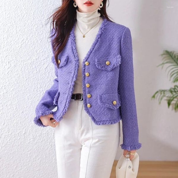 Женские куртки, фиолетовые короткие женские куртки, осень 2023, простое твидовое пальто, женское корейское шикарное однобортное верхняя одежда с v-образным вырезом
