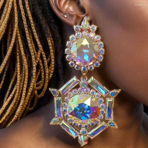 Brincos pendurados boho brilhante ab cor cristal joias geométricas para mulheres vintage joias redondas duplas brinco grande