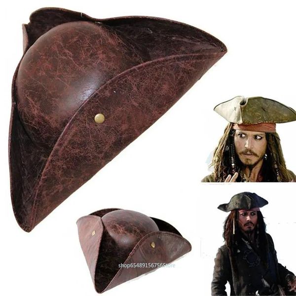 Cappelli cappelli da festa Cappello Cappello pirata jack Sparrow Cosplay vintage Fucice Pulsante in pelle Maschera di uomini da donna Capo Cappuccio di Tricorno 2306