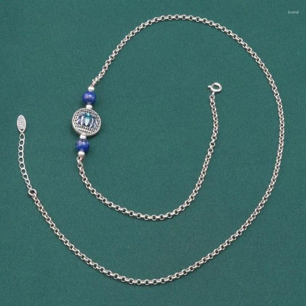 Ketten 925 Sterling Silber Kreisförmige Emaille Lotus Kette Halskette für Frauen Vintage Ethnische Lapislazuli Bernstein Einzelschmuck XL085