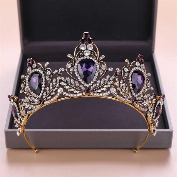 KMVEXO 2019 Nueva Barroca Cristal púrpura Tiara Corona Accesorios para el cabello de novia Tiaras para novias Tocado de boda Princesa Reina Diadema H2930