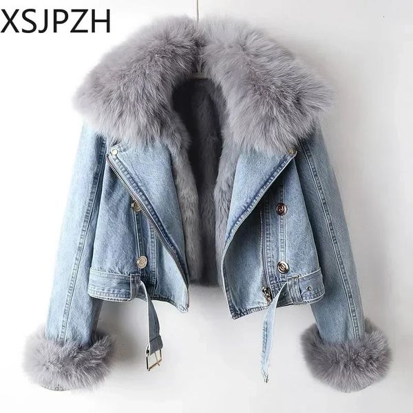 O sobretudo grosso 2023 Mulheres Faux Sur Collar Jean Jacket Winter Jacket feminino curto parkas de coelho de coelho