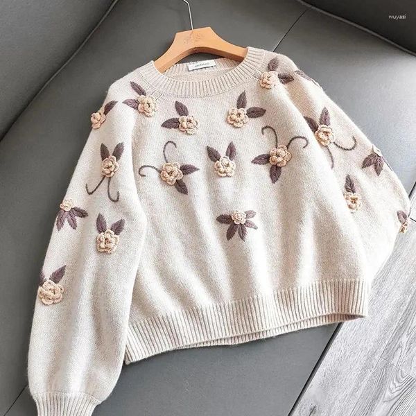 Damenpullover Aprikosenbestickter Wollstrickpullover Herbst Winter Mode Blume Lose High Street Style Pullover Top