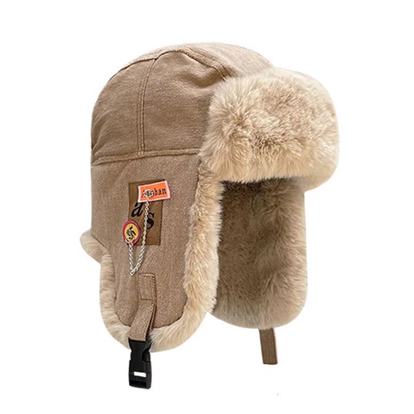 Chapéus de caça de inverno homens ao ar livre russo chapéu piloto de moda feminina chapéu de bombardeiro com letra de rotulagem algodão faux pêlo macio caçador quente ushanka 231219