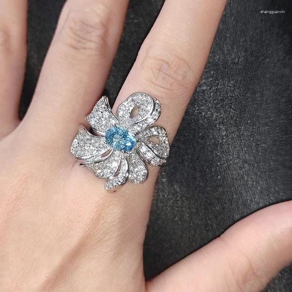 Anéis de cluster DIWENFU Natural Céu Azul Topázio Multi-camada Flor Anel para Mulheres Anillos de Prata 925 Jóias Safira Caixa Aberta