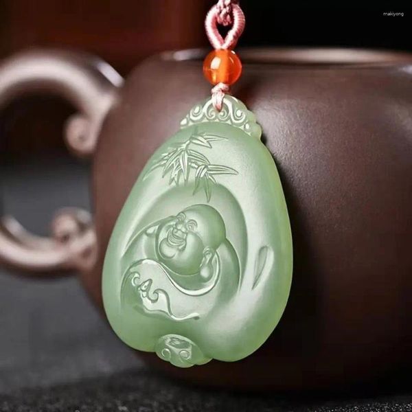 Ожерелья с подвесками из натурального нефрита Hetian, резьба по дереву Будды, зеленый уникальный дизайн, жадеитовое ожерелье, мужские ювелирные изделия, женские подвески