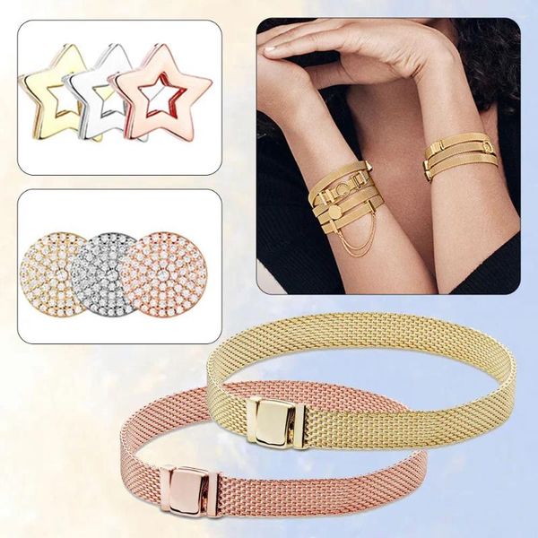 Braccialetti con ciondoli Bracciale Cuore 925 Nastro Riflessione Clip Orologio Cintura Clip color oro Misura originale Pand0ra Regalo all'ingrosso fai da te