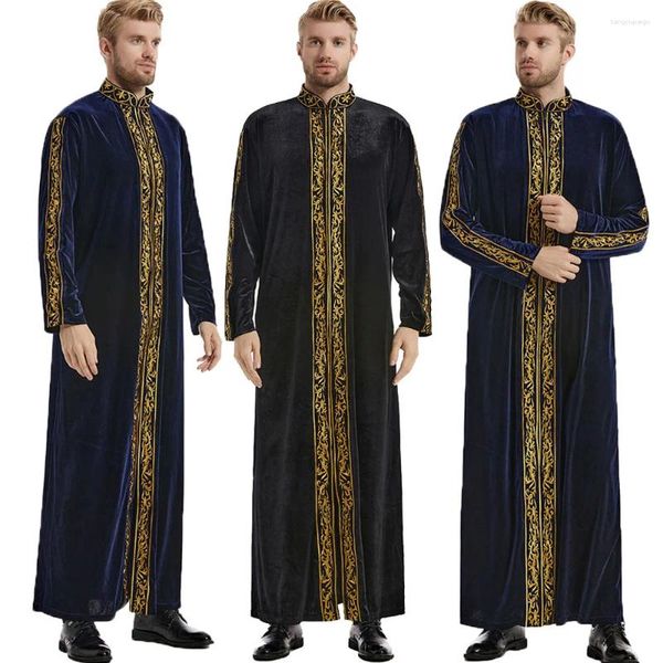 Roupas étnicas Homens Muçulmanos Veludo Bordado Jubba Thobe Islam Ramadan Abaya Vestido Longo Robe Saudita Árabe Musulman Caftan Médio Oriente