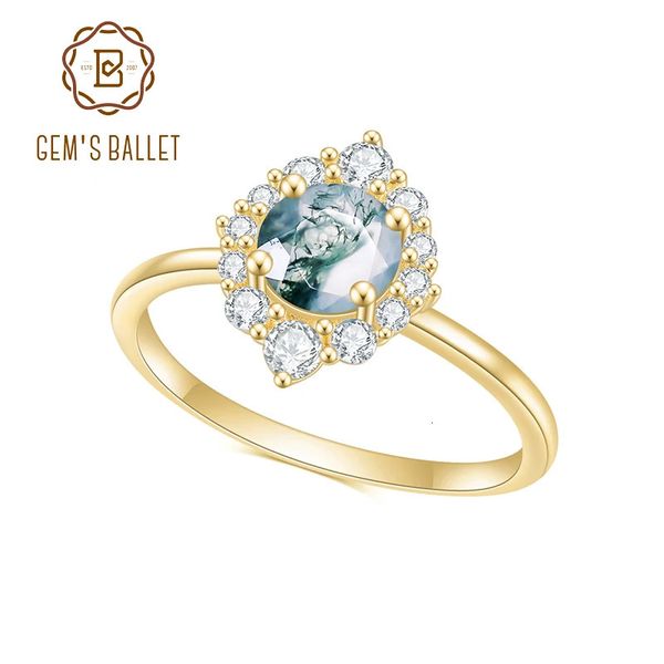 Fedi nuziali GEM'S BALLET 1.0CT 6mm Taglio rotondo Agata muschio naturale Cluster Halo Anelli di fidanzamento in argento sterling 925 per donne Matrimonio 231219