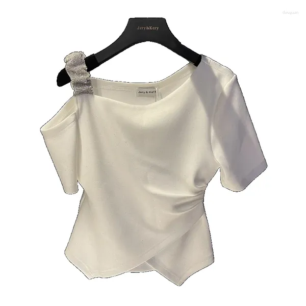 Damen-T-Shirts, modisch, schlichte One-Shoulder-Kurzarmbluse, Sommer-Sky-Star-Schultergurt-Diamant-Shirt, lässiges weißes T-Shirt mit V-Ausschnitt