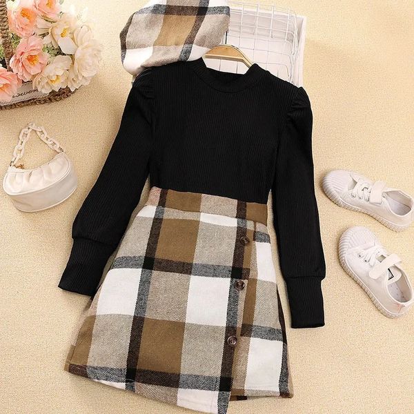 Kleidungssets Lässige Kinderkleidungssets für Mädchen Herbst Frühling Kind Langarm Schwarze Strickoberteile Plaid Rock Hut Sets Kleidung 231219