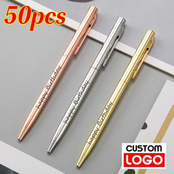 Caneta esferográfica de metal 50 peças, ouro rosa personalizado, material de escritório escolar, papelaria, presente de negócios, letras, nome gravado 231220