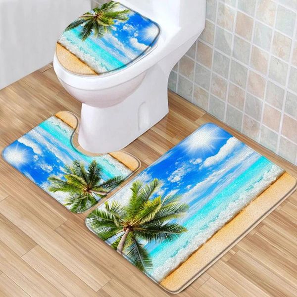 Banyo Paspasları Okyanus Banyo Mat Rug Beach Gün batımı Palmiye Ağacı Yaz Zemin Yıkanabilir Slip Duş Aksesuar Seti