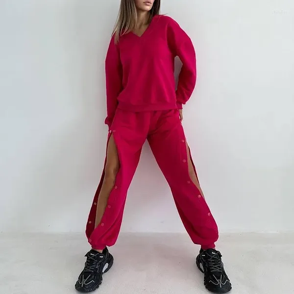 Zweiteiliges Hosen-Outfit für Damen, trendiges V-Ausschnitt-Langarm-Pullover, einreihiges Design, offenes Bein-Set, modischer lockerer Damen-Anzug