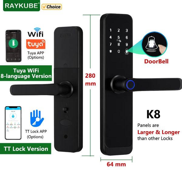 Дверные замки RAYKUBE K8 Smart Lock TTlock Bluetooth Tuya Wi-Fi Пароль по отпечатку пальца 1356 МГц IC-карта без ключа Smartlife Home 231219