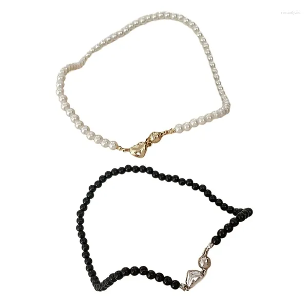 Girocollo dolce elegante collana a forma di cuore con perline bianche e nere per donna fantastica catena clavicola da indossare ogni giorno regalo di gioielli 634D