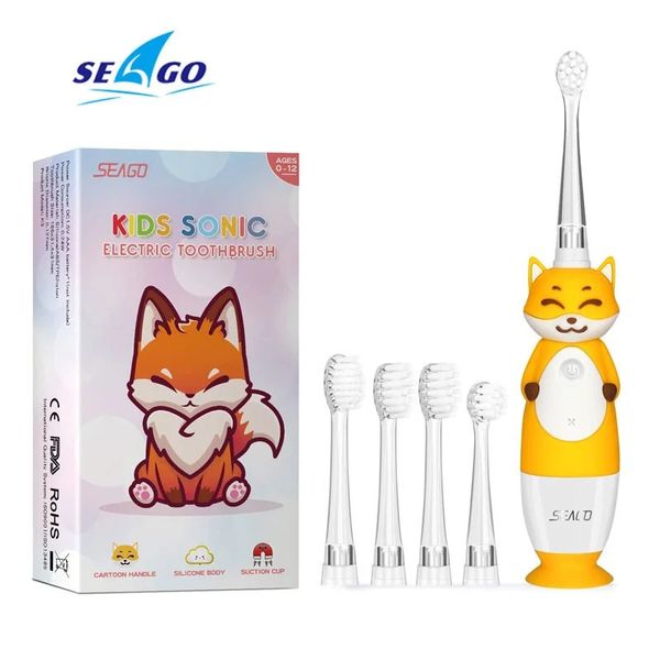 SEAGO Elektrische tandenborstel voor kinderen LED Smart 2 Min Timer IPX7 Waterdichte Fox Kid-tandenborstel met 4 STUKS Vervangende opzetborstels 231220