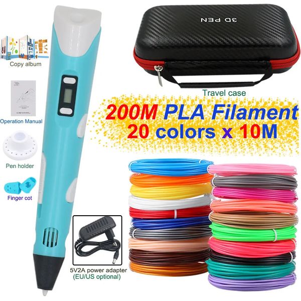 Conjunto de canetas de impressão 3D para crianças com adaptador de energia 200 PLA Filament Travel Case Crianças Aniversário Natal Presente Criativo 231219