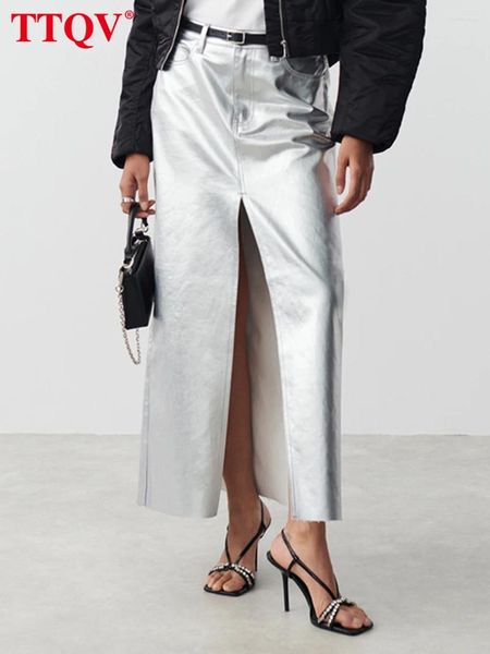 Saias saiasqv vintage prata pu couro para mulheres moda magro reto tornozelo-comprimento streetwear elegante simples fenda