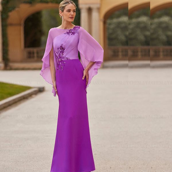 Abiti per la madre della sposa Mantella Scollo rotondo con applicazioni in pizzo Abito per invitati al matrimonio Abito formale pieghettato in chiffon 326 326