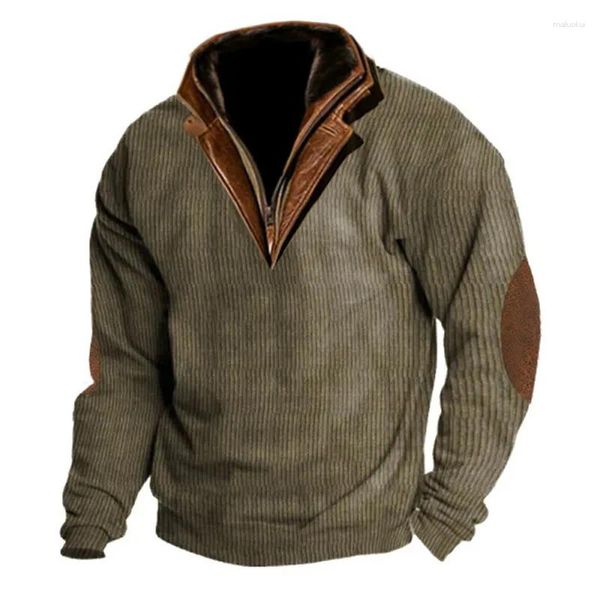 Hoodies masculinos vintage gola zip sweatshirts streetwear primavera outono manga longa couro do plutônio splice pulôver casual sólido polo topo