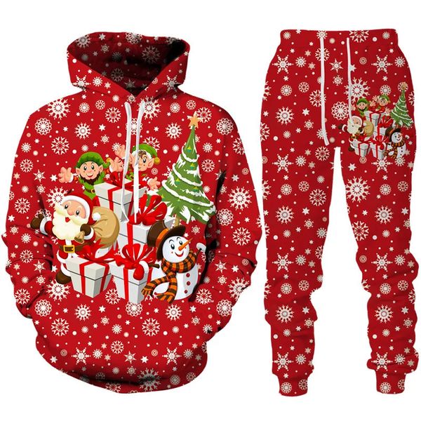 Moda Noel Snowman 3D baskı kapüşonlu pantolon takım elbise erkekler gündelik komik yıl parti kıyafetleri çifti sokak kıyafetleri takıntı seti 231220
