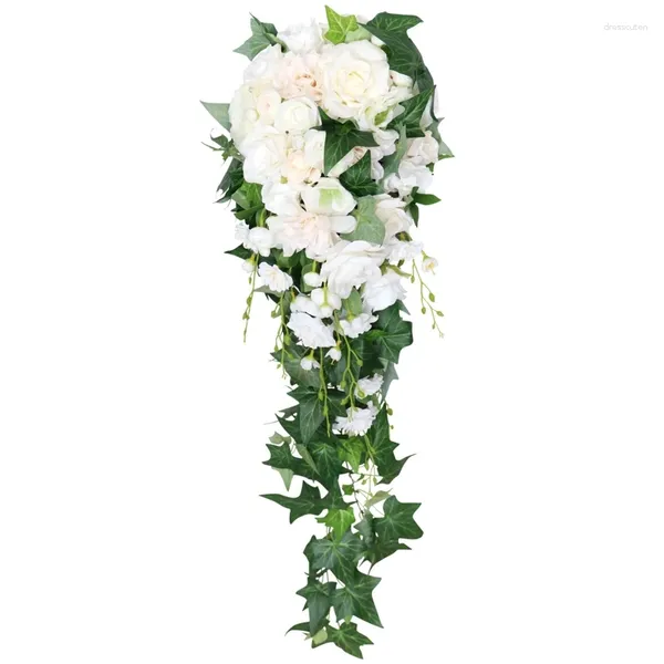 Dekorative Blumen Simulation Rose Cascading Hochzeit Brautstrauß Wasserfall Halten Blume mit grünen Blättern Dekoration (weiß)