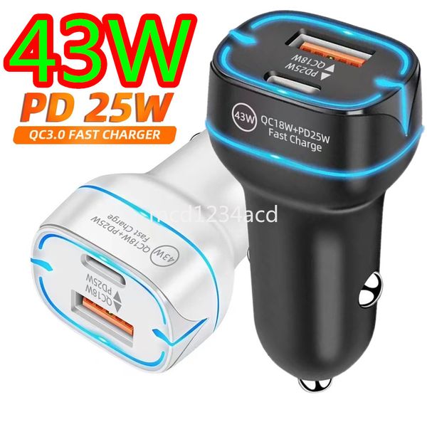Carregamento rápido super rápido 43W USB C PD Carregador de carro LED Portas duplas PD25W Adaptadores de energia automática para Ipad 2 3 4 Iphone 13 14 15 Plus Samsung S21 S22 S23 M1 com caixa