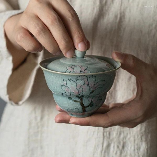 Conjuntos de chá Borneol Esmalte Pintado à Mão Magnólia Coberto Tigela Teacup pode ser levantada peça aberta chinesa com capa para evitar cerâmica