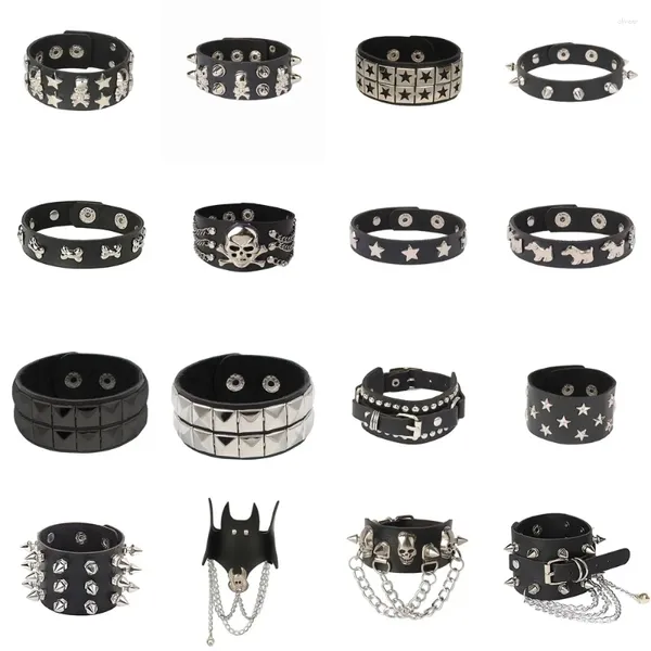 Link pulseiras crânio punk gótico rock correntes de metal stud spikes rebite couro do plutônio pulseira larga feminino masculino jóias 2023