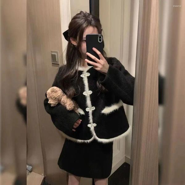 Jaquetas femininas estilo chinês de lã jaqueta preta para mulheres moda outono inverno manga longa outwear casacos elegante o pescoço cardigan tops