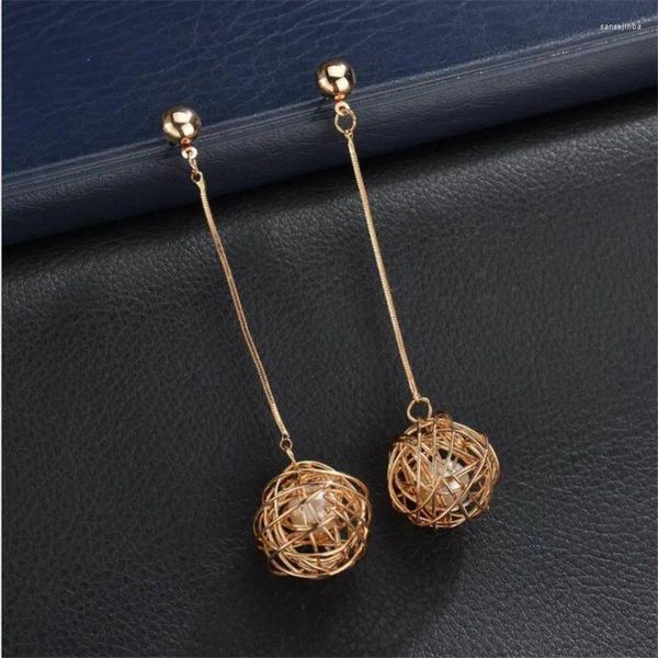 Orecchini pendenti stile lungo in metallo scavato imitazione perla goccia regalo gioielli moderni sferici geometrici da donna