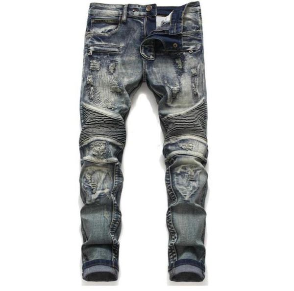 Herrenklassiker Biker -Jeans Männlich schlankes Gerade Knie -Drape -Panel Moto Biker Jeans zerstört zerrissene Stretch Hip Hop Hosen 18062279269