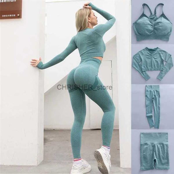 Roda de ioga ioga sem costura set Women Women Workout Sportswear Gym Clothing Fitness Manga Long Crop Top Scrunch Alta cintura Leggings