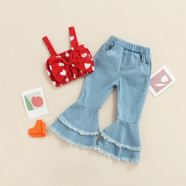 Set di abbigliamento citgeesummer di San Valentino per bambini per bambini Girls Casual Outfit Love Print Camisole Bow Solid Rolled Jeans Set