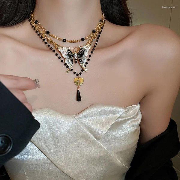 Anhänger Halsketten Drei Schichten Strass Kristall Schmetterling Waterdrop Quaste Halskette Für Frauen Partei Schmuck