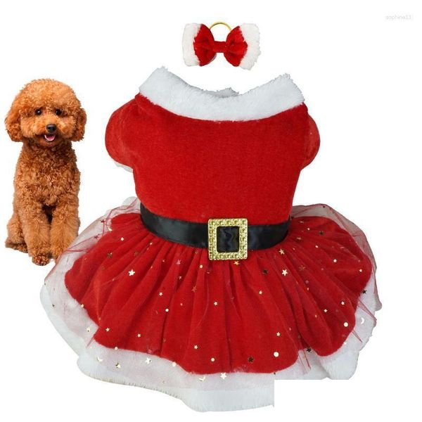 Hundebekleidung Hundebekleidung Haustier-Weihnachtsoutfit Glänzendes Netz Weihnachtsmann Süße Mädchenkleidung Rote Kleider Katze Drop Delivery Hausgarten Pe Dhss6