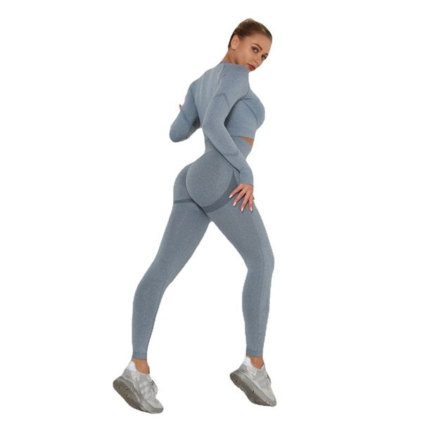 Europäischer und amerikanischer fehlloser Yoga-Anzug Set Frauen hohe Taille Pfirsich-Spirke-Sport-Langarm-Fitness-Yoga-Hosen zweiteiliger Set