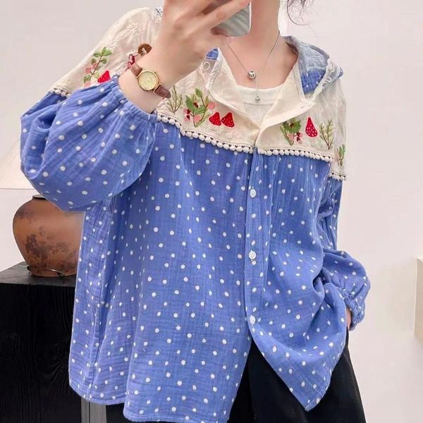 Jaquetas femininas Mulheres Casaco Mori Girl Japão Estilo Fresco Kawaii Manga Longa Lace Patchwork Jaqueta Com Capuz Polka Dot Cardigan Y2K Roupas