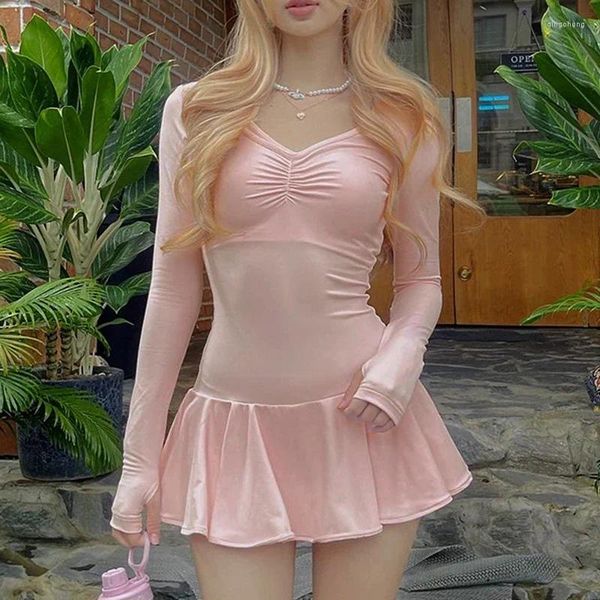 Casual Kleider Süße Langarm Rüschen Geraffte Kurze Für Frauen Koreanische Mode Y2k Fairycore Kawaii Rosa Mini Party Kleid
