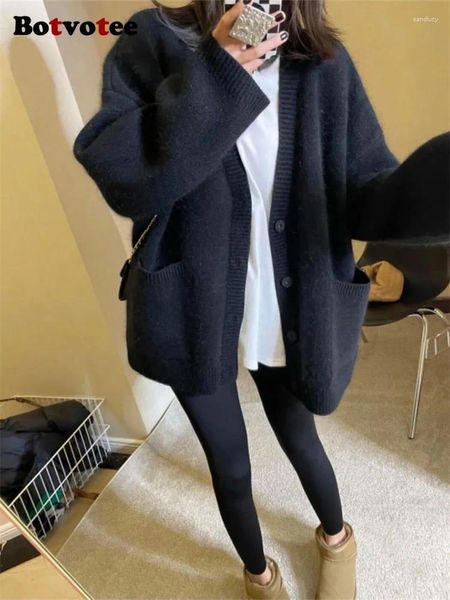 Malhas femininas Botvotee Cardigan de malha Mulheres Outono Inverno 2023 Moda Vintage Oversized V Neck Manga Longa Camisola Casual Button Up Jacket