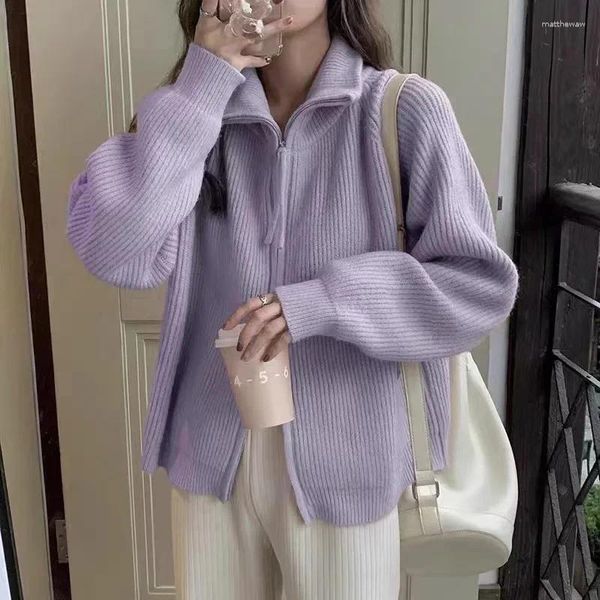 Женские свитера, фиолетовый вязаный кардиган, осенне-зимний утолщенный женский свитер на молнии с лацканами