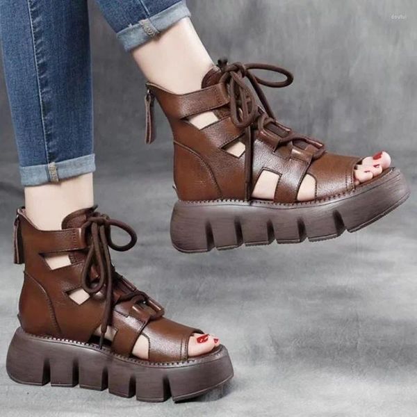 Kleiderschuhe Hochqualitäts Frauen Sommer Damen Retro Sandalen Luxus Schnürung Gladiator Offener Sneaker Outdoor Karthable Stiefel