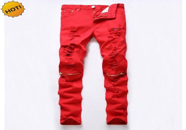 Moda 2017 Uomo jeans skinny uomo Stretch jeans colore rosso Uomo Hip Hop buco dritto strappato ginocchio taglio cerniera Club pantaloni Hip Hop3090583