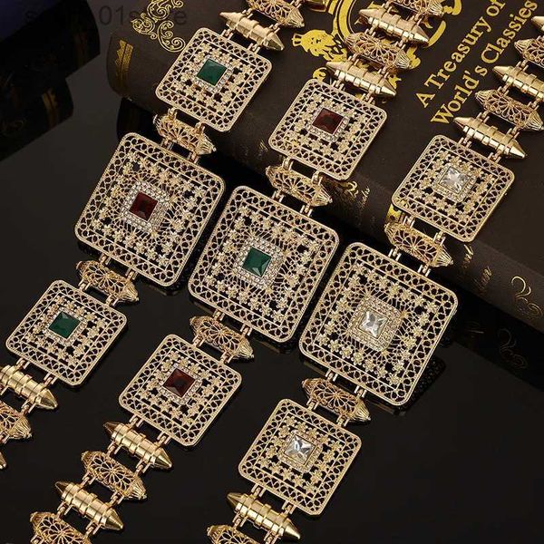 Cintos de corrente de cintura árabe nobre quadrado cristal oco cinto de metal retro europeu senhoras jóias de casamento corrente de cintura comprimento ajustável231221