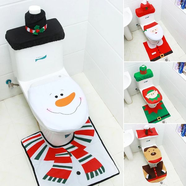 3 peças Conjunto de banheiro capa de assento neve homens Papai Noel da porta do chão de piso inverno banheiro quente decorações de natal Decorações higiênicas Almofada 231221