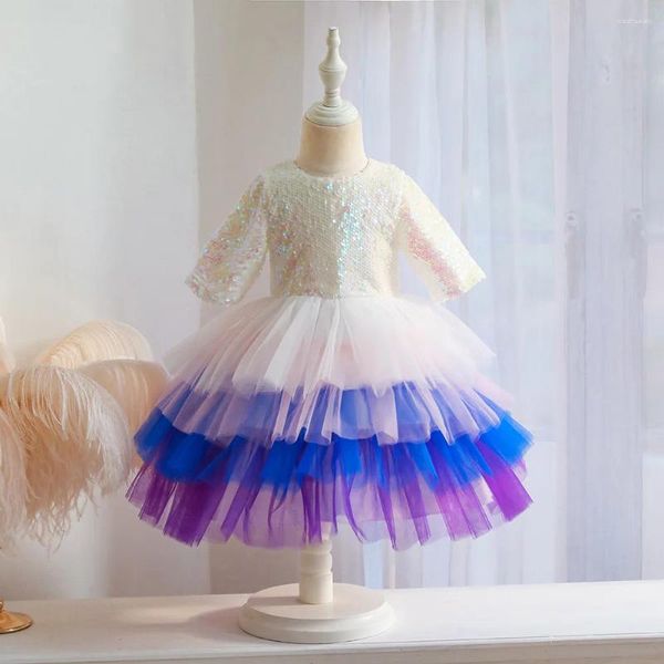 Платья для девочек Девушки с пышными рукавами Принцесса Красочная газовая юбка с цветочным ветром прекрасна для свадьбы, дня рождения, торжественного бального платья