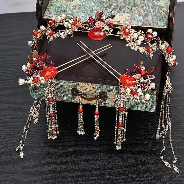 Halskette Ohrringe Set Chinesischen Stil Hochzeit Haarnadel Schmuck Für Frauen Rot Kristall Quaste Haar Stick Klassische Hanfu Kopfbedeckung Fransen Retro