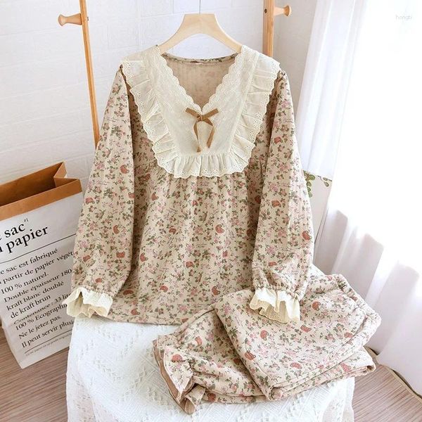 Frauen Nachtwäsche Herbst / Winter-Pyjama für Retro Rose Garden Print Baumwolle Kleidung Luftschicht Lose Spitze V-Ausschnitt Loungewear Frauen